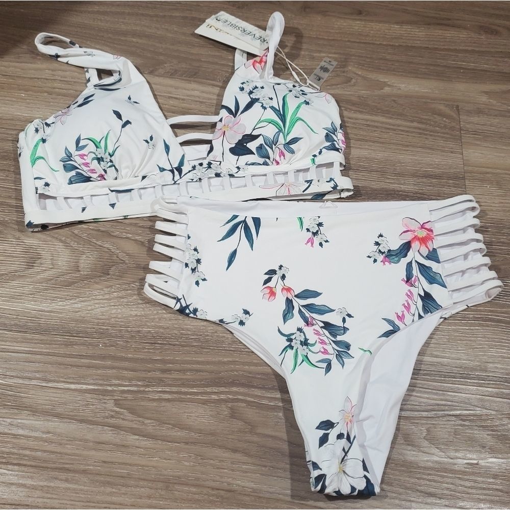 Tinibikini high waist White and floral reversible bikini Size XL NEW!‎